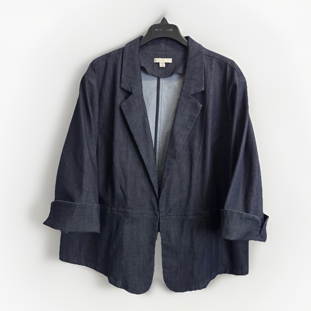 Cato Dark Wash Denim Jacket Size 26/28W 3/4 Sleeve Jean Blazer Cotton Stretch